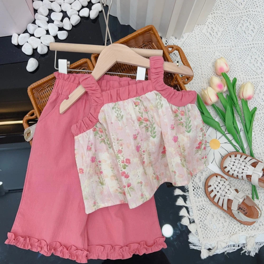Girl's Pink Flower Camisole Top and wide Leg Pants Two-piece Set Summer 3-7 Years Old