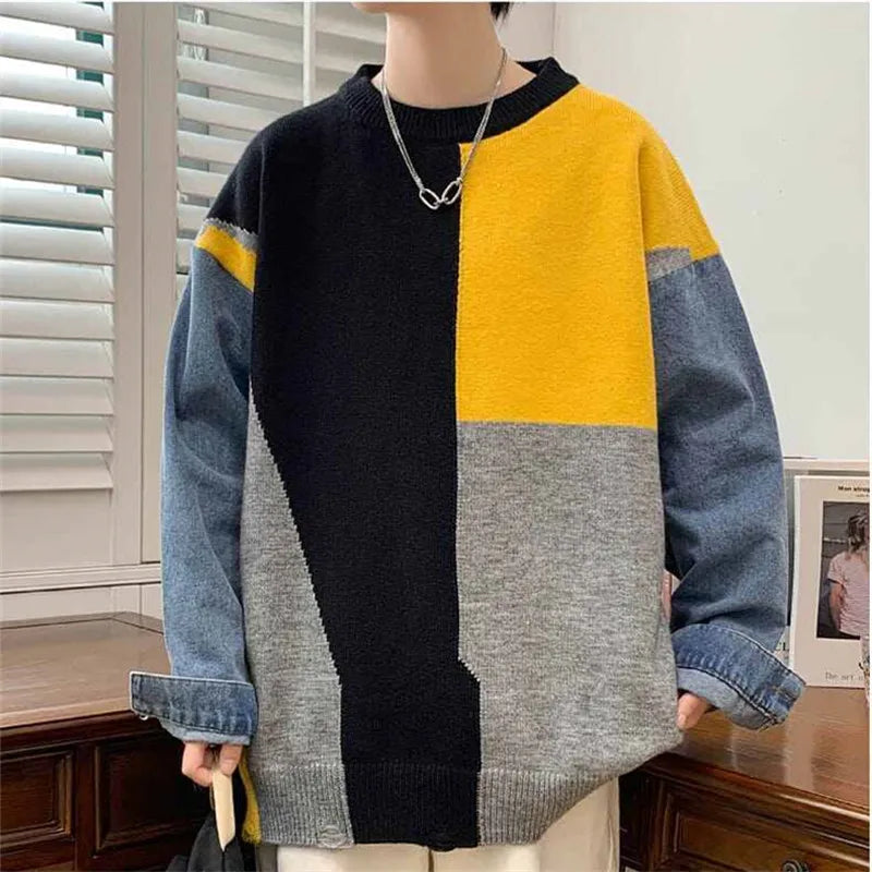 Men's Round Neck Pullover Patchwork Knitted Sweater