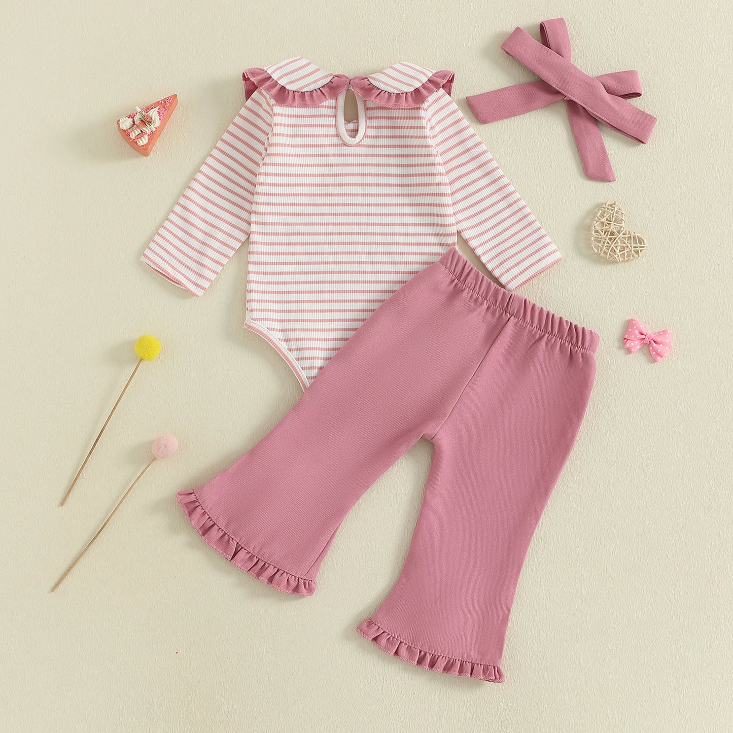 Baby Girls Striped Outfit Set - 3-Piece Long Sleeve Doll Collar Jumpsuit, Flared Pants & Headband (0-18M)
