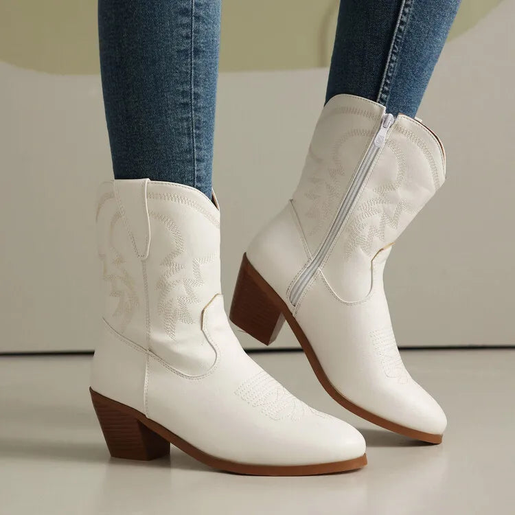 Totem Embroidered Ankle Boots - Pointed Toe Chelsea Boots with 6cm Wedge Heel