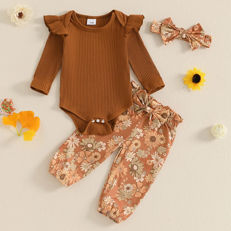 0-18M Baby Girls Fall Clothes Sets 3pcs Long Sleeve Ribbed Romper and Bow Front Pants and Headband