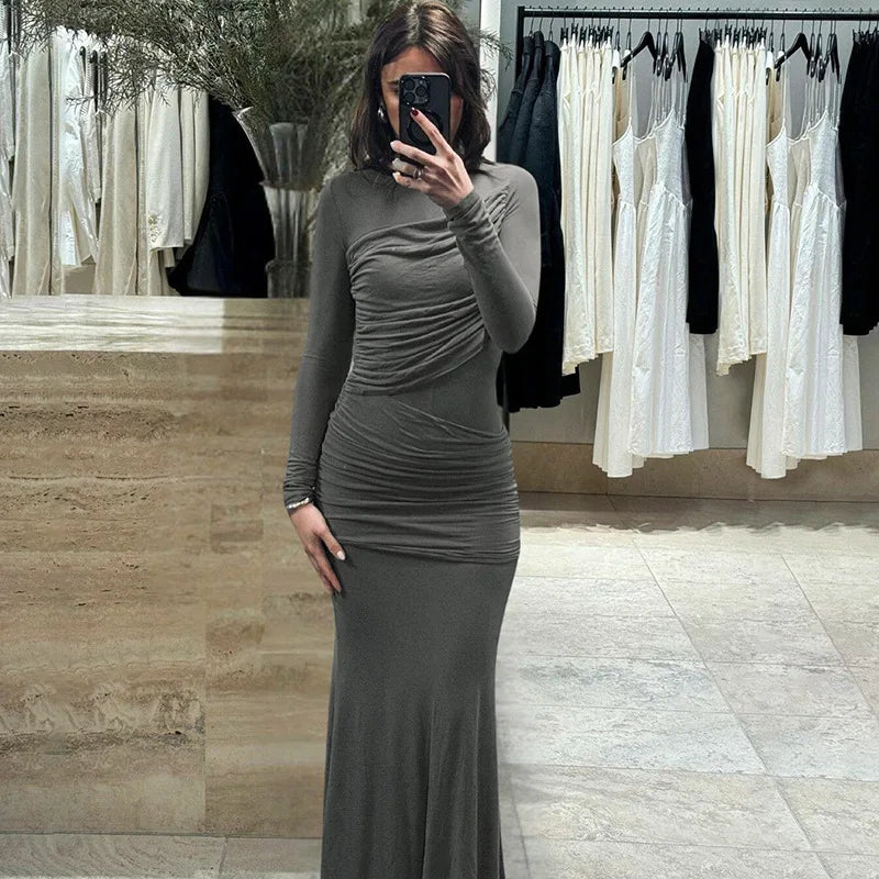 Women's Ruched Maxi Long Sleeve Elegant Asymmetrical Dress