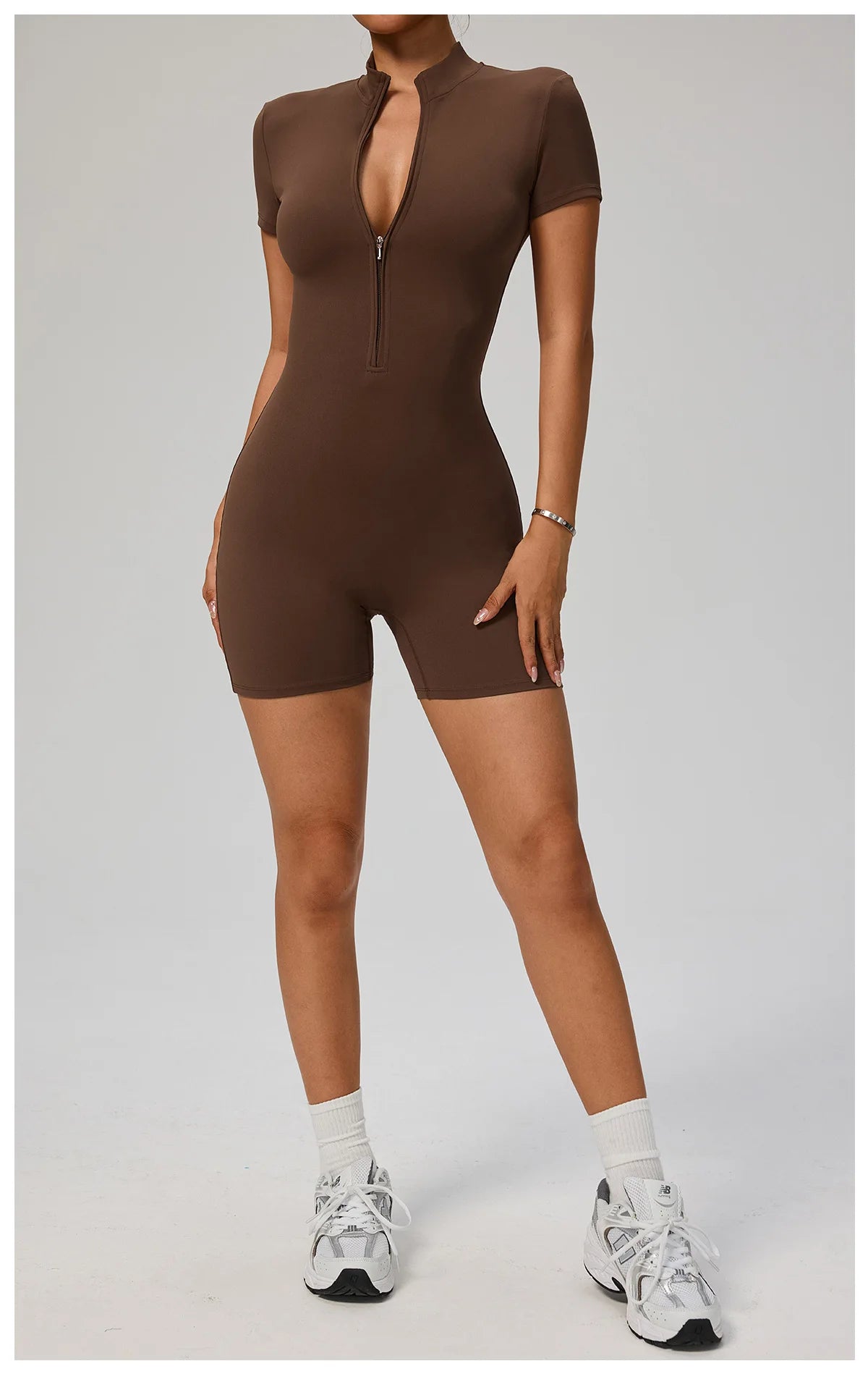 Zipper Front Jumpsuit - Short Sleeve Nylon Workout Set for Gym & Yoga