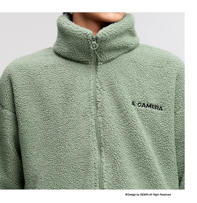 Men's Loose Fit Fleece Jacket - Plush Embroidered Stand Collar Winter Coat