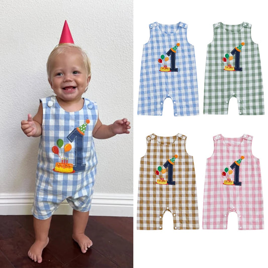 0-18M Newborn Baby Boys Girls Birthday Romper Plaid Print Letter Embroidery Sleeveless Crewneck Jumpsuit