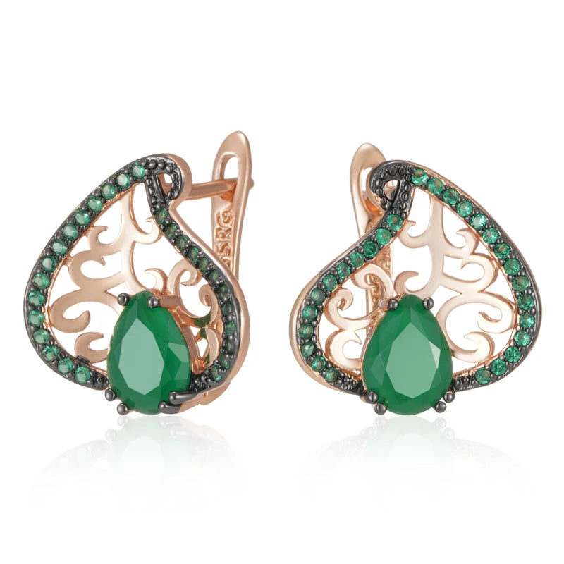 Women 585 Rose Gold and Black Plating Vintage Green Natural Zircon Crystal Flower Drop Earrings