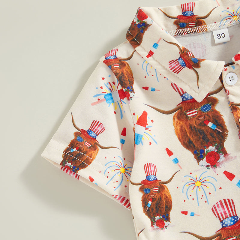 0-4Y Toddler Kids Boys T Shirt Short Sleeve Eagle/Donut/Bull/Fireworks Print Pullover Tops for Independence Day