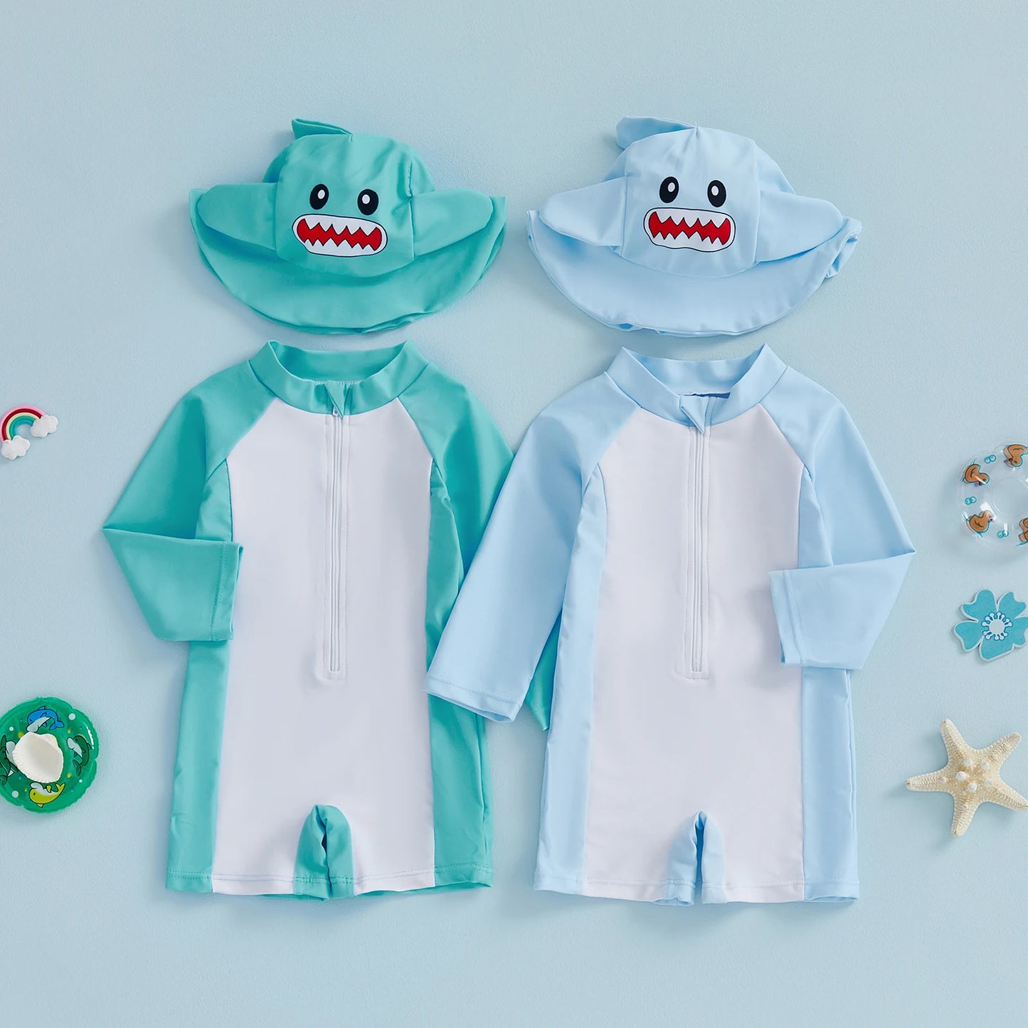 Baby Boys Rash Guard Swimsuit Set - Long Sleeve Zip-Up with Sun Cap