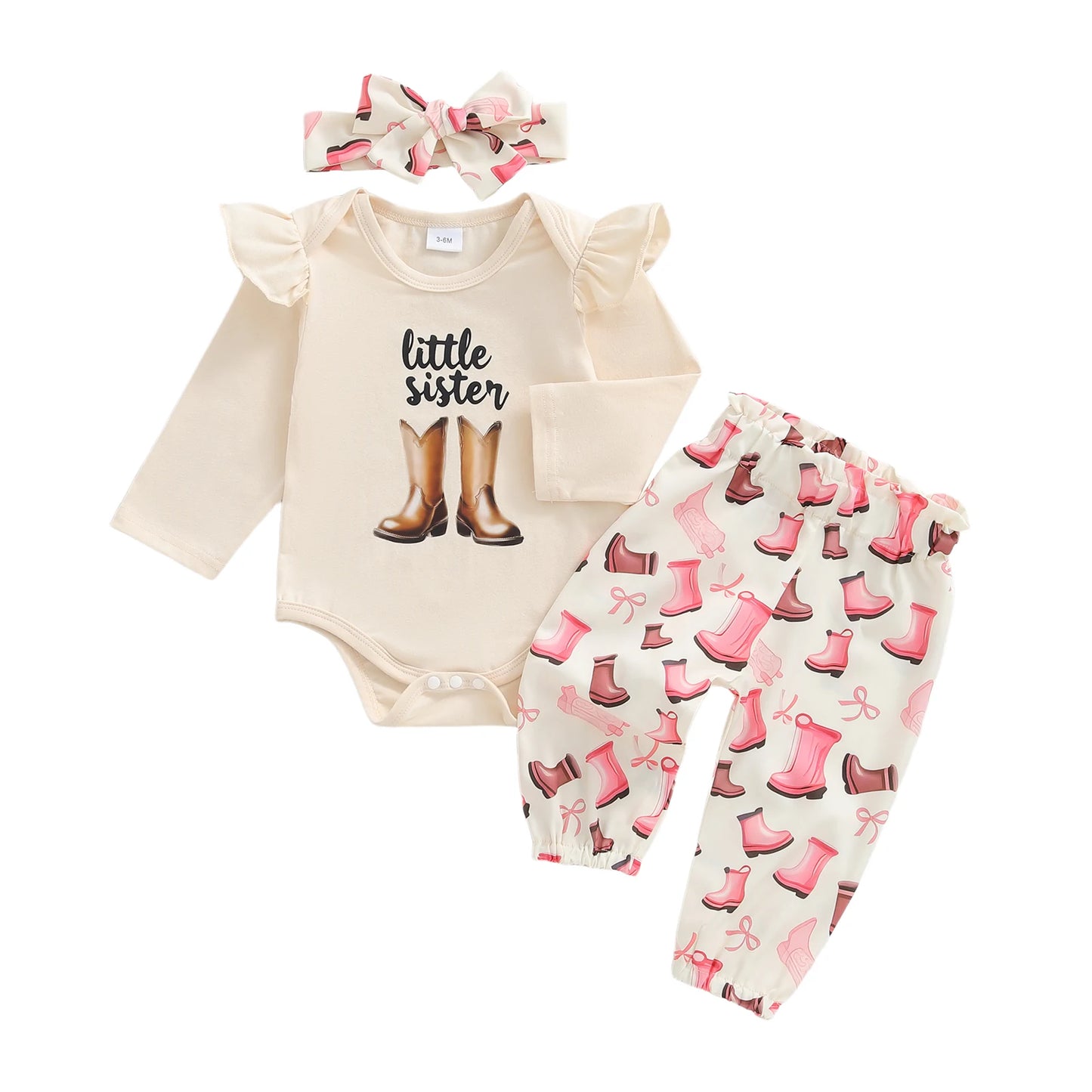 Baby Girls Western Fall Winter Outfit Set - Long Sleeve Romper, Boot Print Pants & Bow Headband (0-18M)