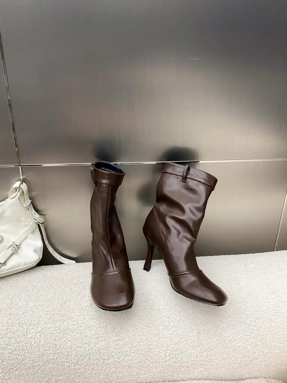 Round Toe Ankle Boots - Metal Button Detail with Side Zipper