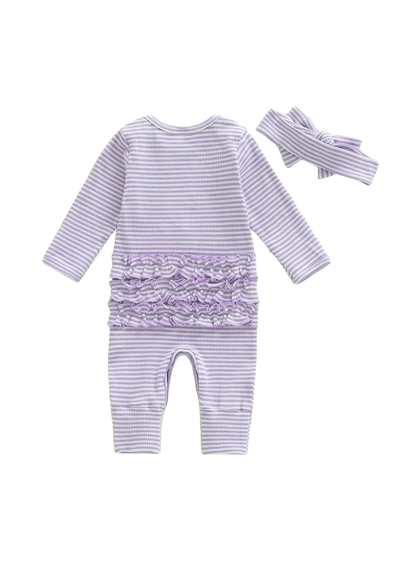 Newborn Baby Romper with Headband - Bow Letter Embroidery Stripe Long Sleeve Jumpsuit