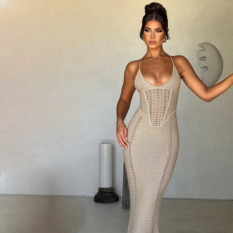 Knitted Hollow Out Bandage Maxi Dress - Women Sleeveless Bodycon Dress