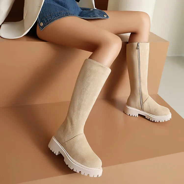 Faux Suede Ankle Boots - 5cm Flat Heel with Belt Buckle Detail