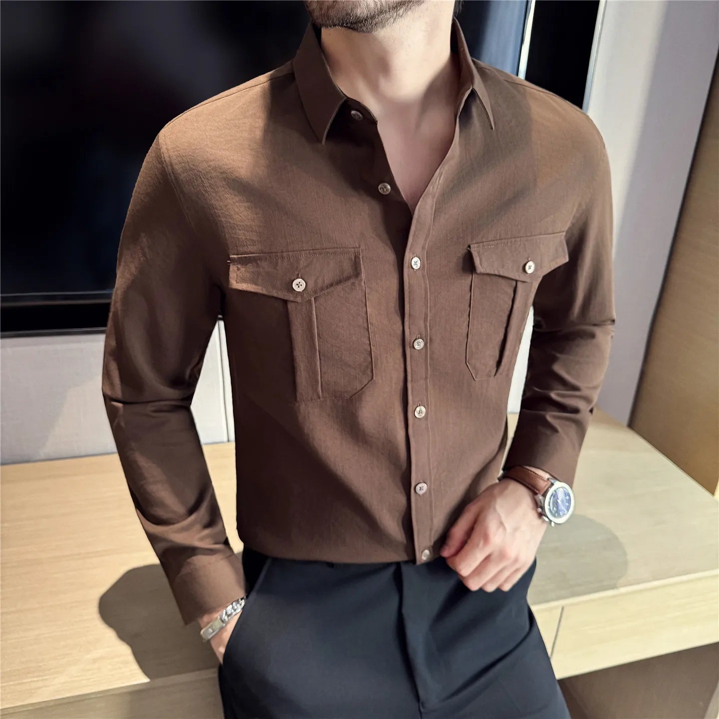 Men's Minimalist Slim Fit Shirt - Long Sleeve Solid Colour Smart Casual Pocket Blouse