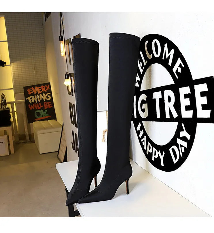 Satin Over-the-Knee Boots - Pointed Toe High Heel Elastic Autumn Winter Boots