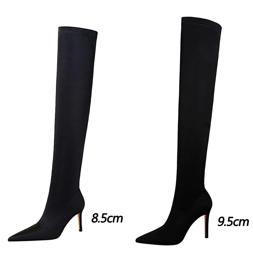 Satin Over-the-Knee Boots - Pointed Toe High Heel Elastic Autumn Winter Boots