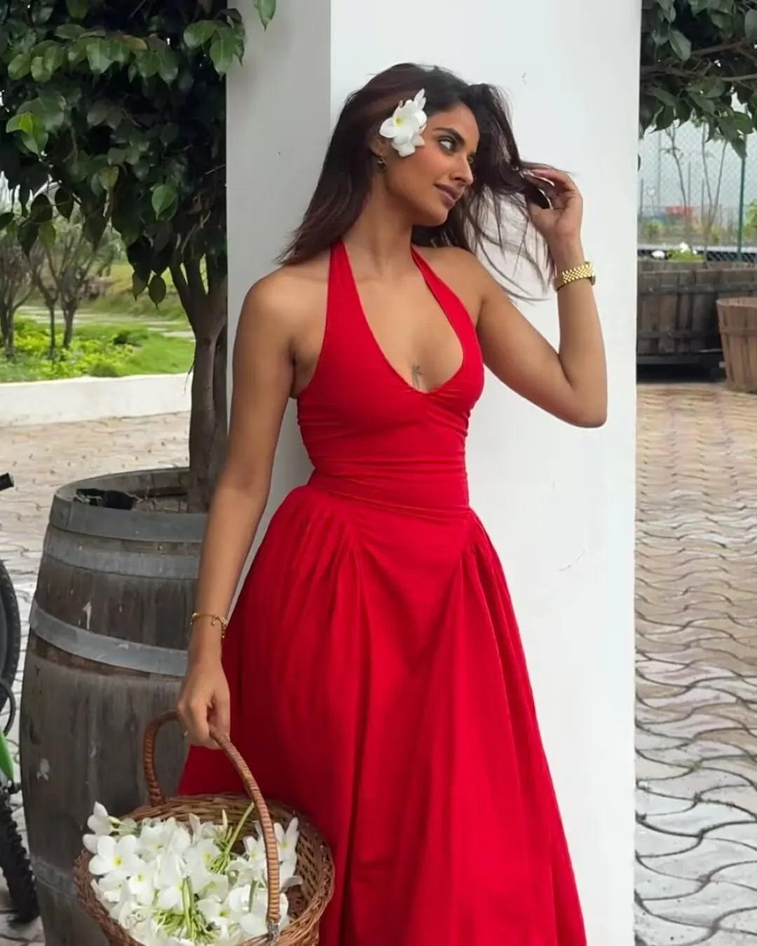 Backless Green Halter Dress - Elegant Low Waist A-Line Midi Dress