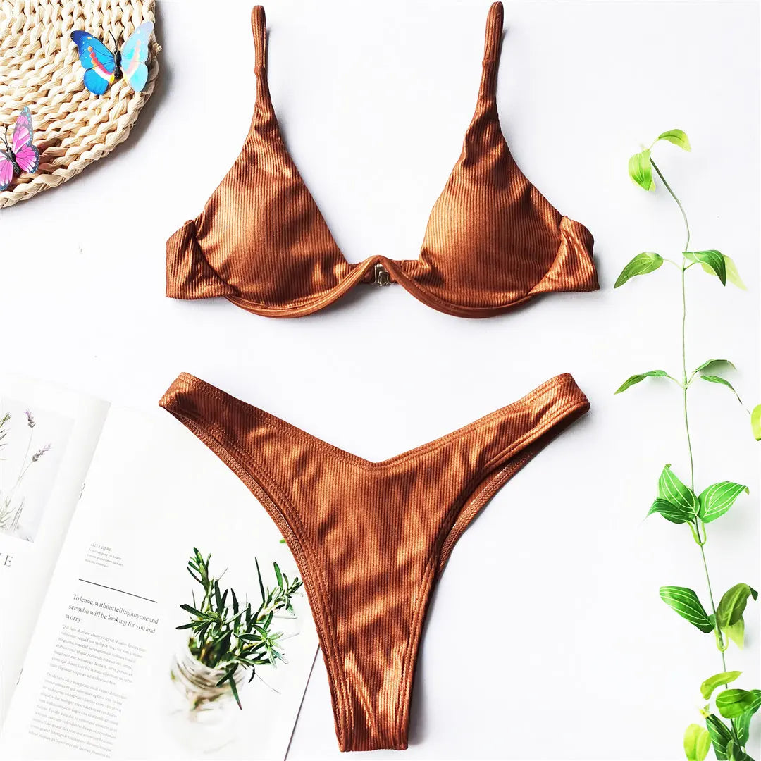 Women's V-Bar Underwired Bikini Set | V-Shape Wire Padded Two-Piece Swimwear
