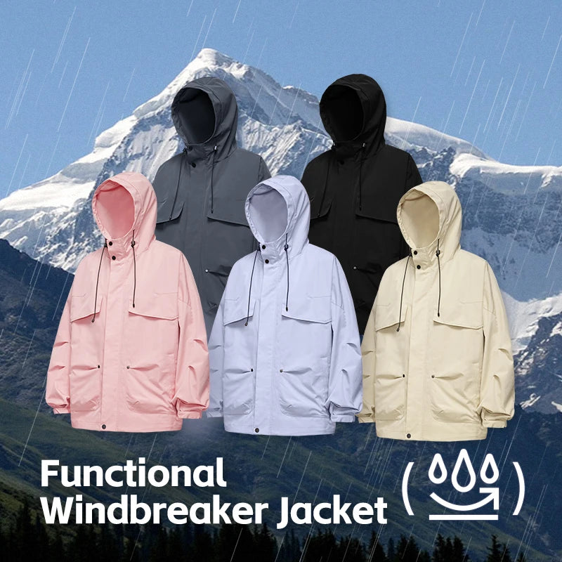 Unisex Mountain Cargo Windbreaker High Collar Zip Up Hooded Jacket