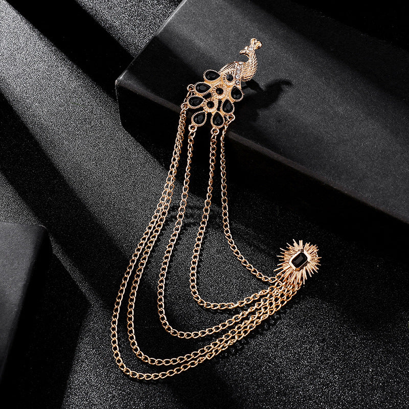 Men's Retro Brooch Pin Badge Peacock Tassel Collar Pins with Chain Shirt Crystal Corsage Jewelry Accessorie