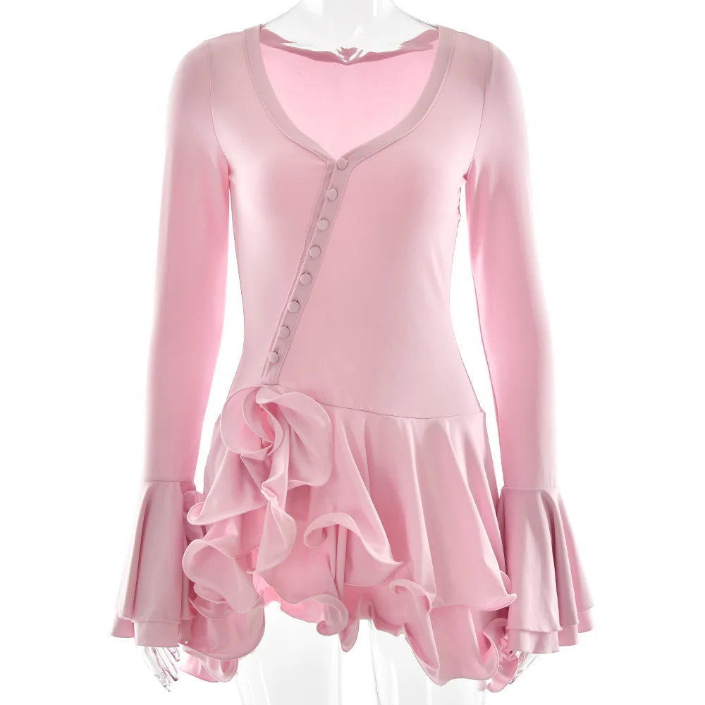 Women's Ruffled Mini Dress - Single-Breasted V-Neck with Flare Sleeves