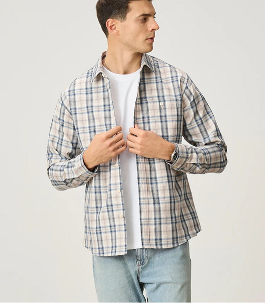 Men's  Premium Cotton Linen Plaid Shirt - 180gsm Oversize Casual