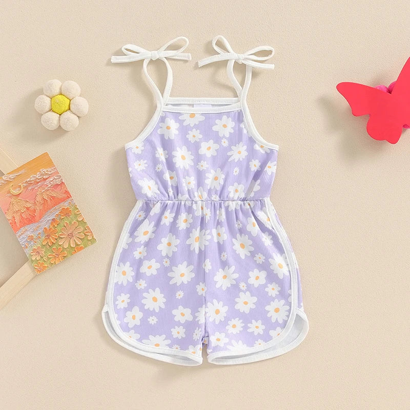 0-5Y  Kids Girls Summer Jumpsuit Shorts 4 Colours Sleeveless Square Neck Floral Print Romper Playsuits