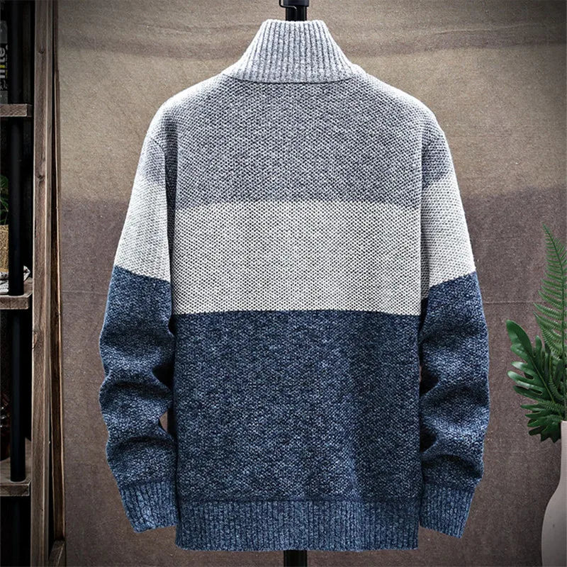 Men's Knit Cardigan Patchwork Stand Collar Zipper Knitted Thick Sweater