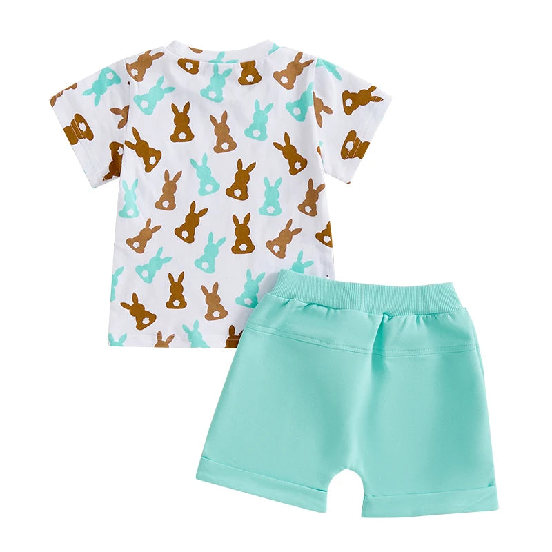 Toddler Baby Boys' Easter Outfit Set - Rabbit Print Short Sleeve T-Shirt & Shorts with Pockets 2pcs
