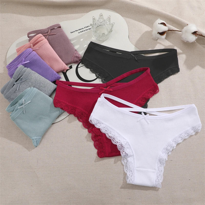 3PCS Women Cotton Underwear Panties Lace Briefs Low-Waist Cross Belt Hollow Out Cozy Lingerie