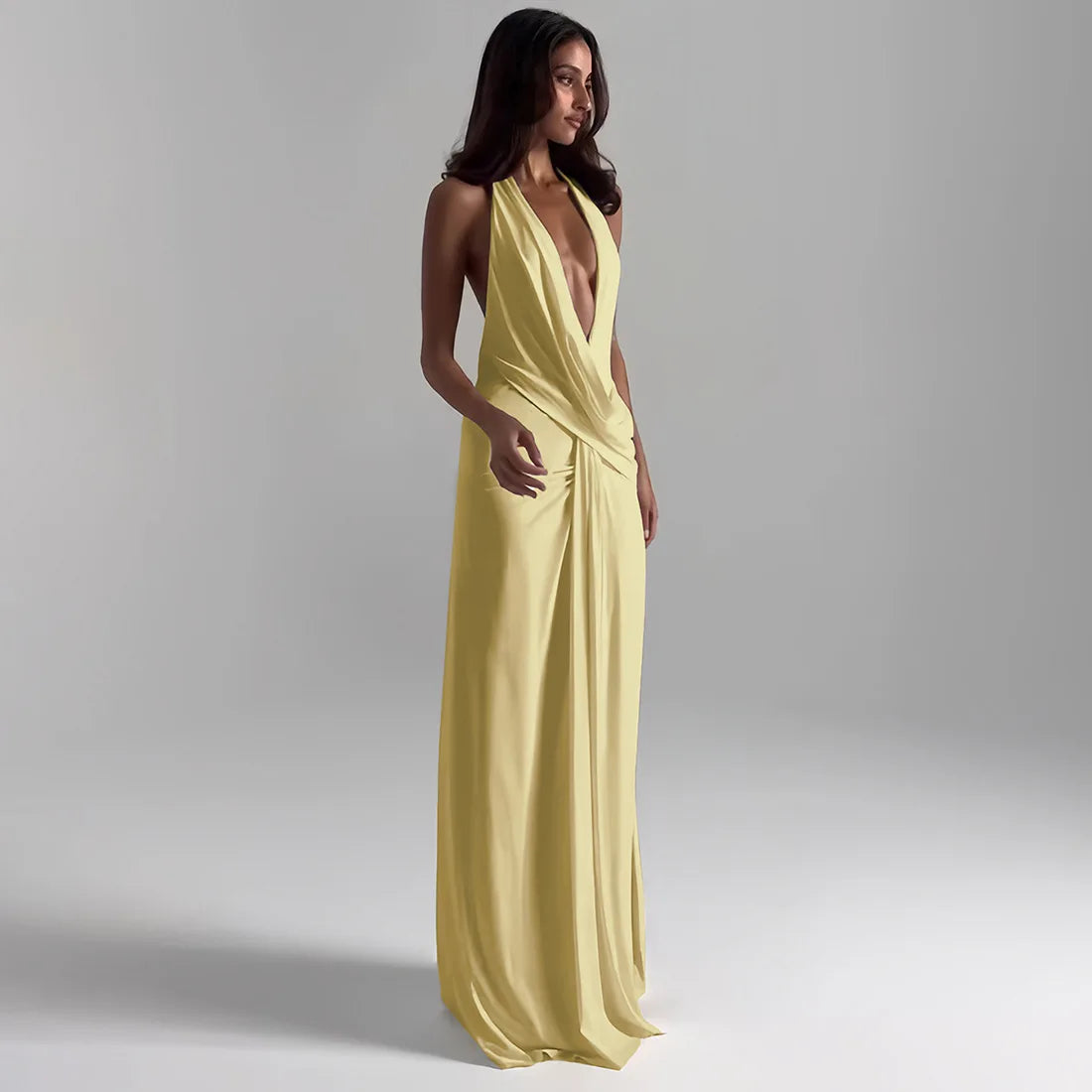 Women's Halter Draped Ruched Maxi Dress - Backless Deep V Neck Gown