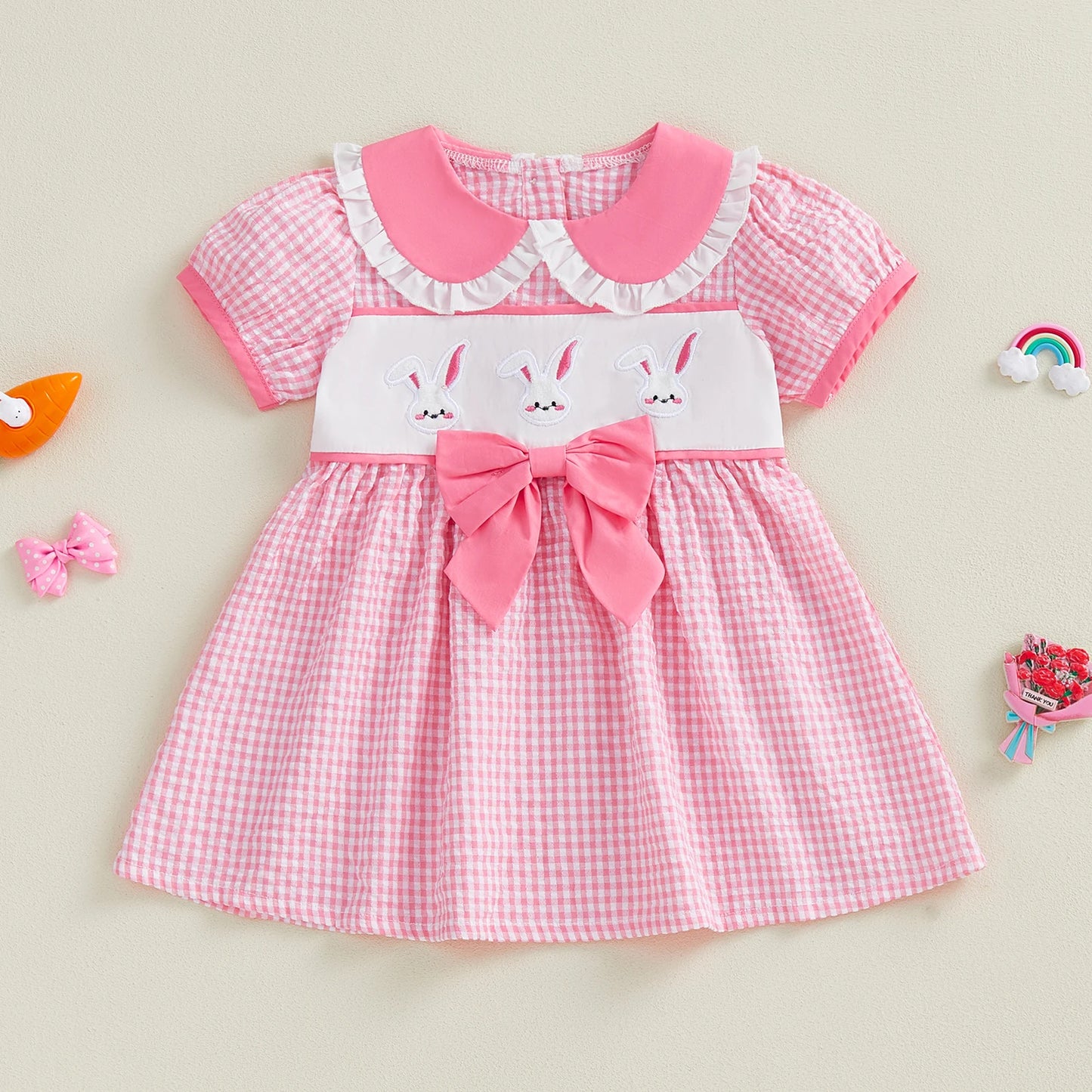 Toddler Girls Plaid Dress - Doll Collar with Rabbit Embroidery (1-4Y)