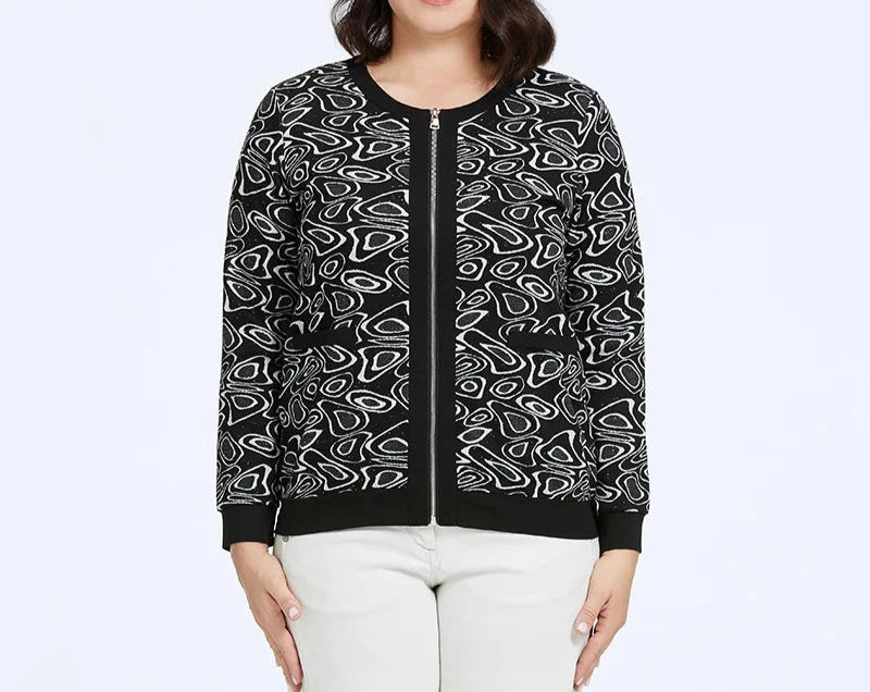 Women's Round Neck Print Windbreaker Zipper Jacket