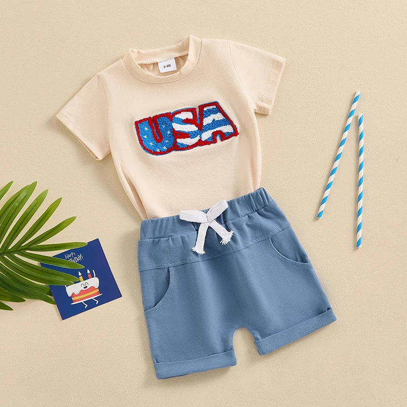 0-3Y Infant Baby Boys Clothes Set 2pcs Short Sleeve USA Letters Embroidery T-shirt with Shorts Outfit