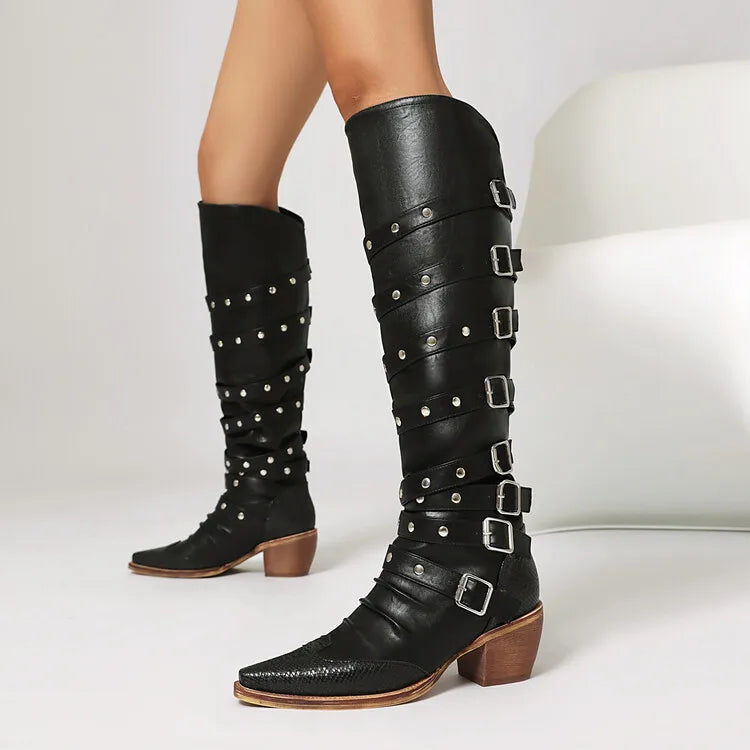 Women's 6cm Square Heel Knee High Boots Belt Buckle Rivet Pointed Leather Long Boots