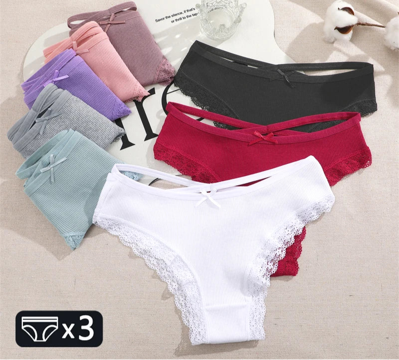 3PCS Women Cotton Underwear Panties Lace Briefs Low-Waist Cross Belt Hollow Out Cozy Lingerie