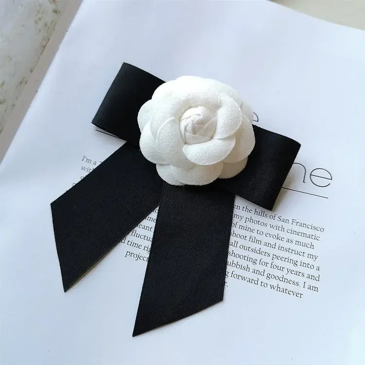 Elegant Fabric Bow Tie Brooch - Camellia Flower Design Collar Pin