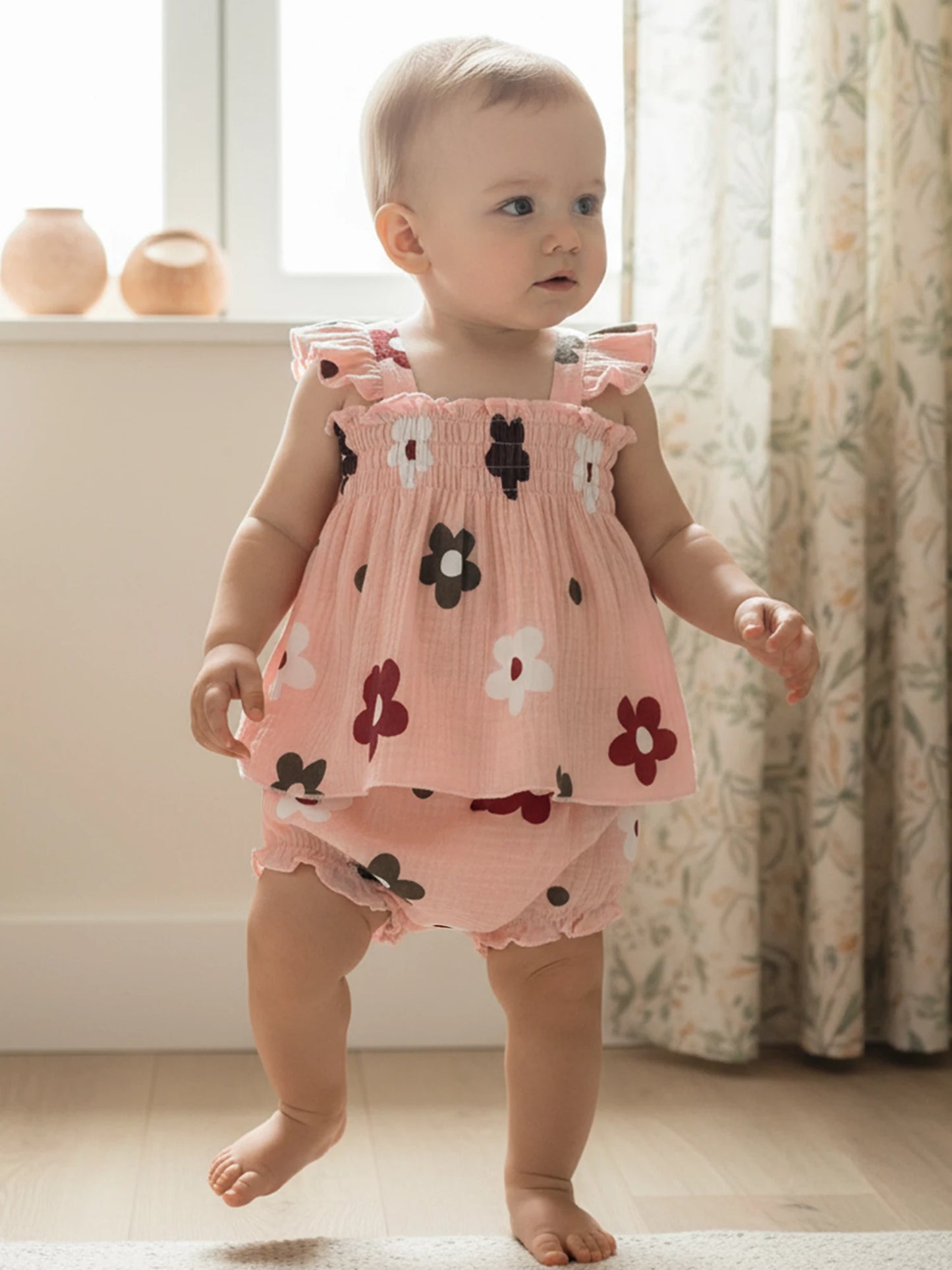 Baby Girls Floral Outfit Set - Sleeveless Top & Bloomers Shorts (0-24M)