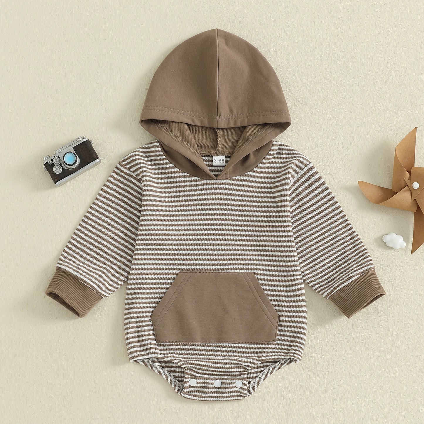 Newborn Baby Boys Fall Romper - Long Sleeve Hooded Stripe Bodysuit with Front Pocket (0-18M)