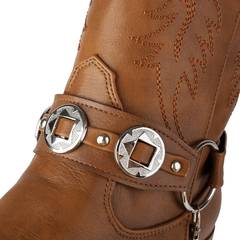 Women's Tapered Circular Metal Chain Chelsea Bohemian Pointed Leather Knee High Boots