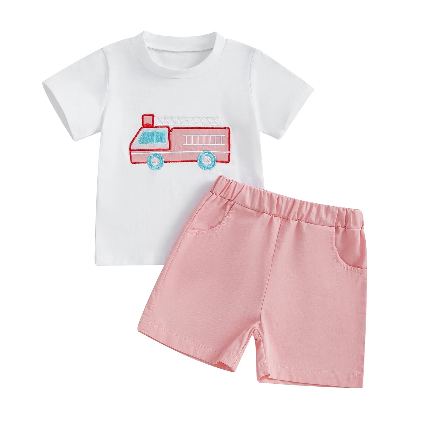 0-4Y Kids Girls Boys Clothes Sets Flag/Car Embroidery Short Sleeves T-Shirt and Elastic Shorts