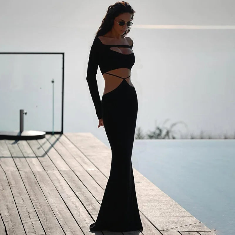 Women's Off Shoulder Cut Out Maxi Dress - Bandage Long Sleeve Gown