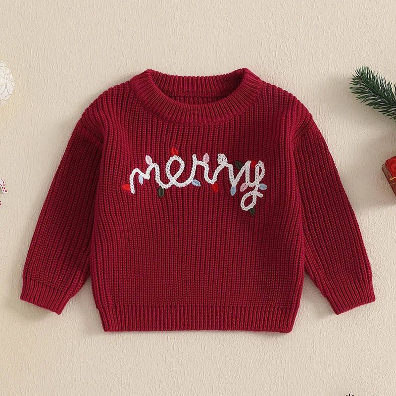 Baby Boys Girls Christmas Sweater 0-3Y Letter Light String Embroidery Long Sleeve Knitwear Top