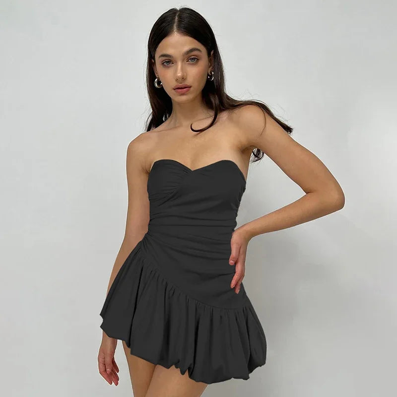 Women's Strapless Folds A-Line Hem Sleeveless High Waisted Backless Dress