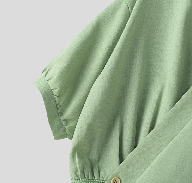 Korean Style Slanted Placket Collarless Long Sleeve Shirt