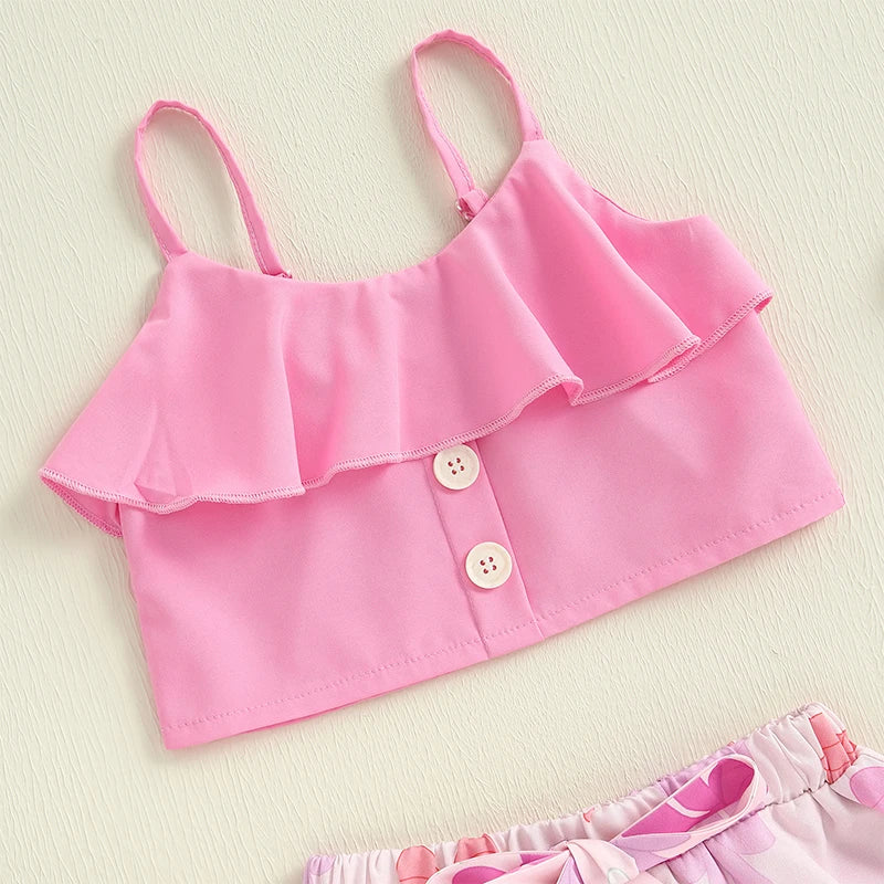 Girls' Floral Print Sleeveless Camisole & Bow Ruffle High-Low Skirt Set