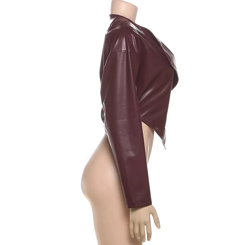 Women's PU Leather Cropped Jacket - Asymmetrical Single Button Coat