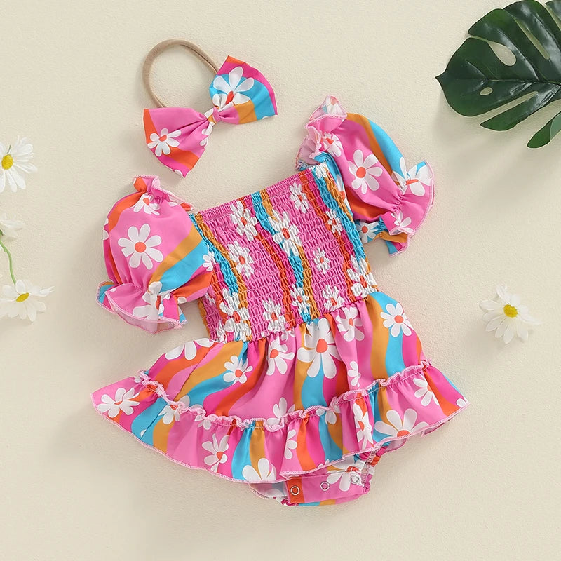 0-18M Baby Girls Summer Sweet Romper Dress Short Sleeve Elastic Neckline Sunflowers Print Jumpsuits with Headband