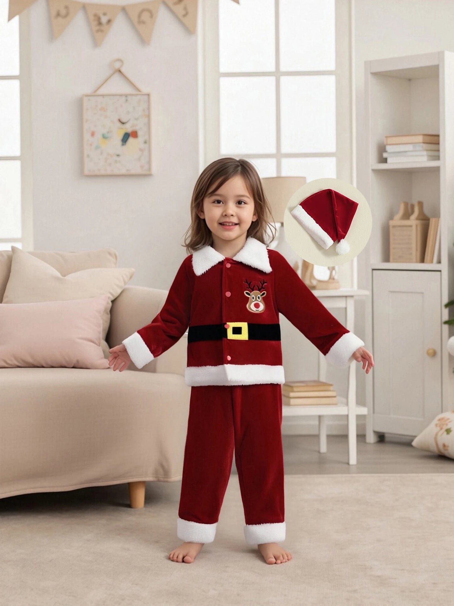 Christmas Santa Costume Set - Kids Lapel Button Down Top & Pants Outfit