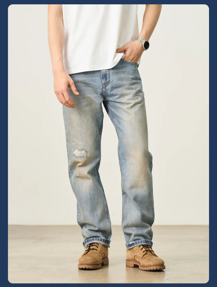 Men's Premium Selvedge Denim Jeans - 14.3oz Cotton Loose Straight Patchwork